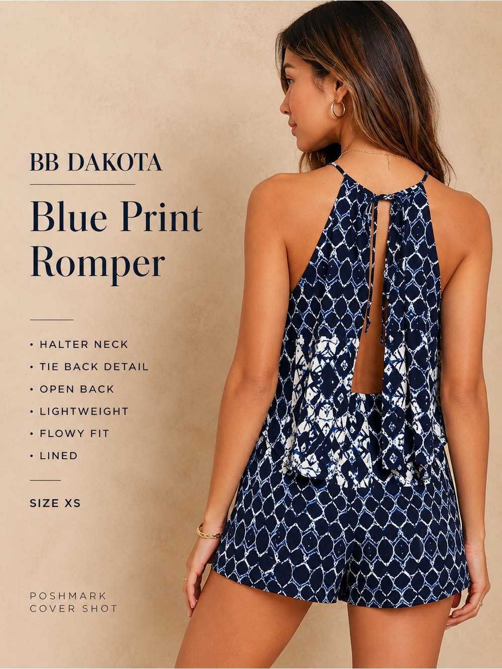 BB Dakota Vaughn Navy Blue Print Halter Open Back Romper XS NWT